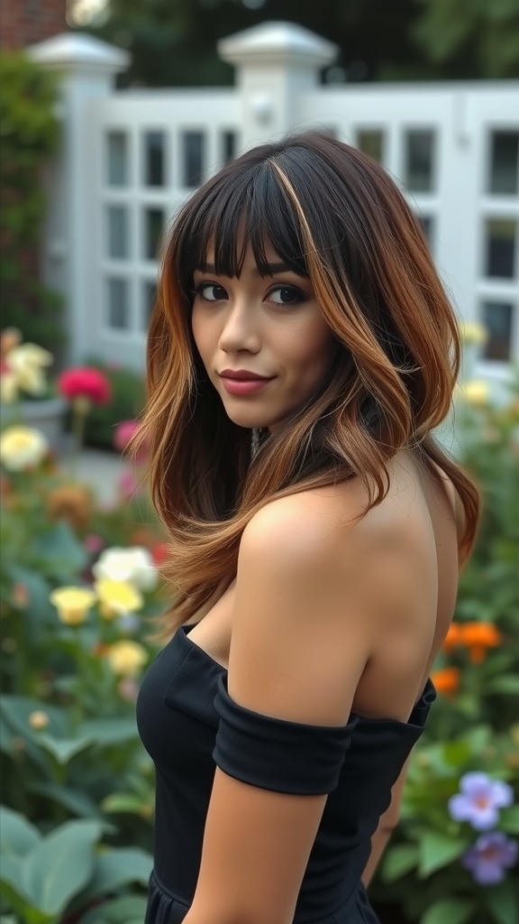 A woman with long layered hair and bangs, styled beautifully in a garden setting.