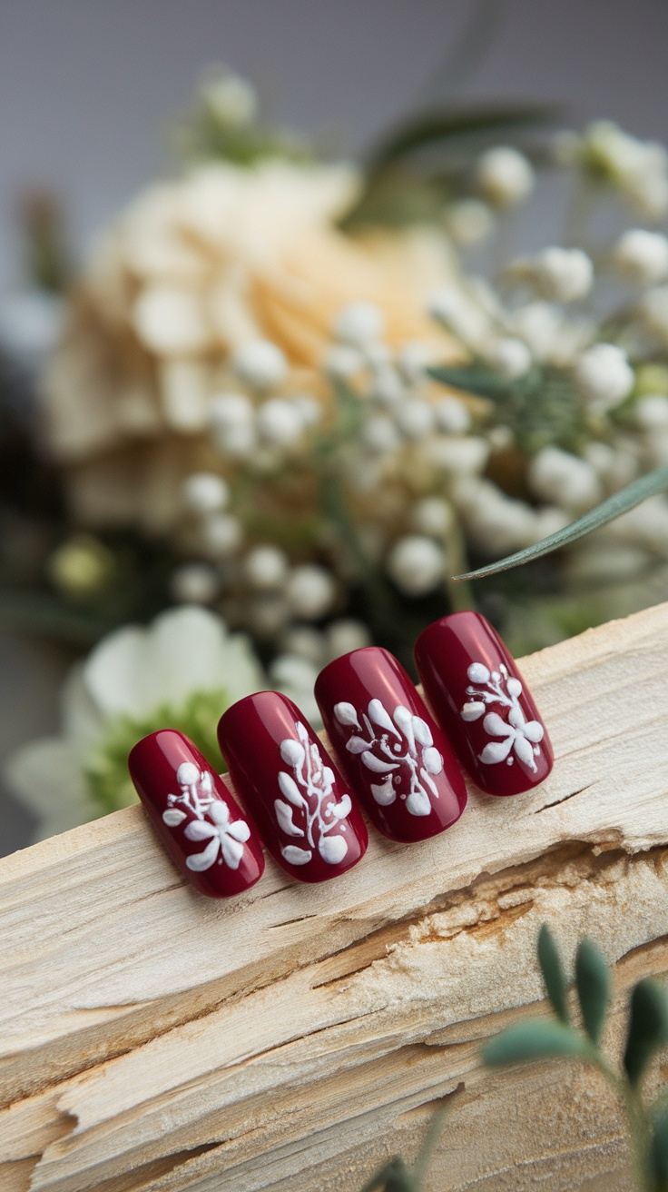 Wine red nails with white floral designs on a wooden surface