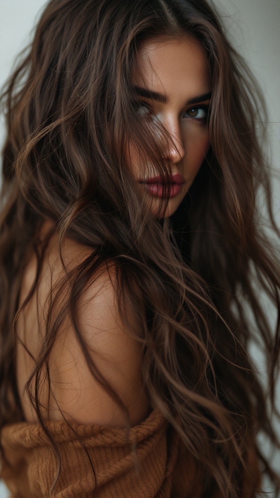 A woman with chocolate brown loose waves, showing rich texture and movement.