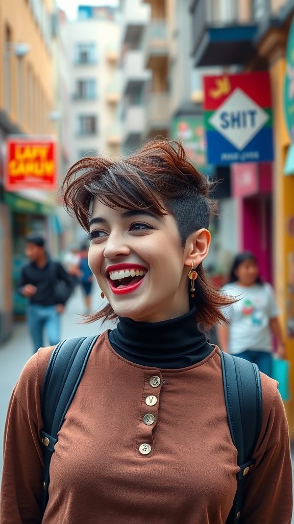 A smiling woman with a playful butterfly haircut featuring choppy ends, walking in a lively urban setting.