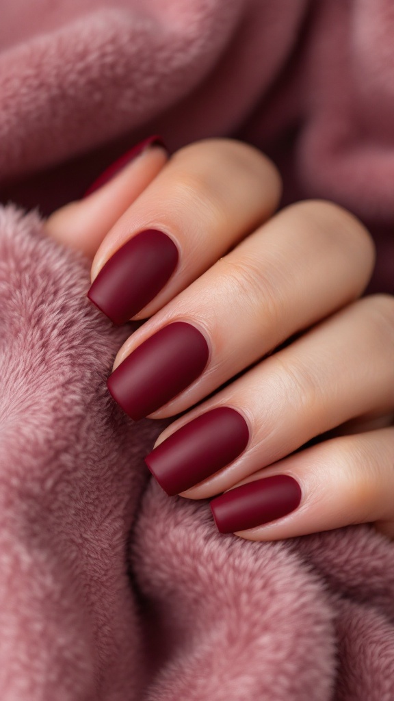 Classic burgundy matte finish nails with embellishments, showcasing a sophisticated style.