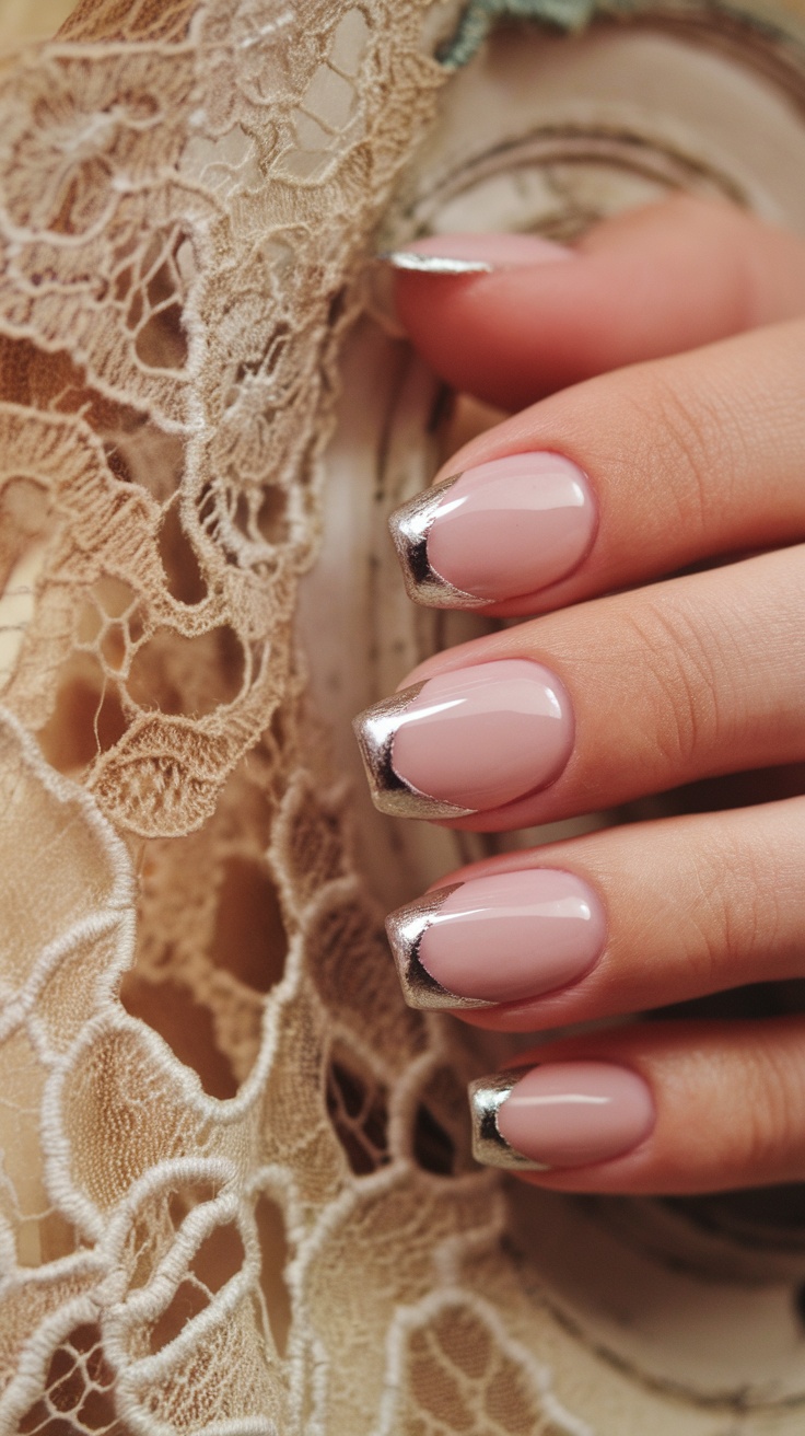 Nails with classic French tips featuring a soft pink base and silver tips, set against a lace background.