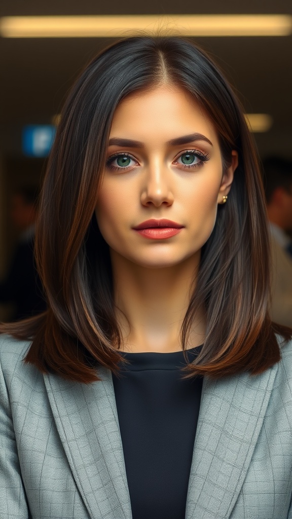 A woman with straight layered hair wearing a light gray blazer, showcasing a polished and professional look.