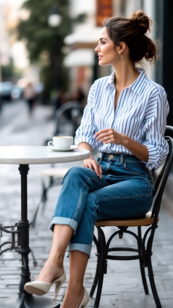 A woman wearing a classic striped shirt and high-waisted jeans, sitting at a café table.