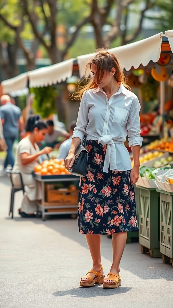 A woman wearing a classic white shirt tied at the waist with a printed floral skirt, standing in a market filled with fresh produce.