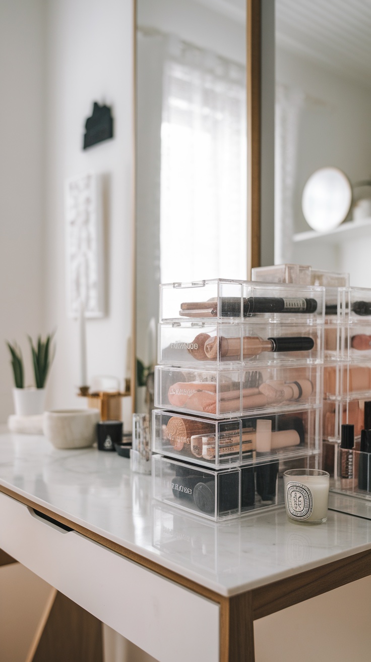 A tidy vanity with clear acrylic storage boxes holding various makeup products.