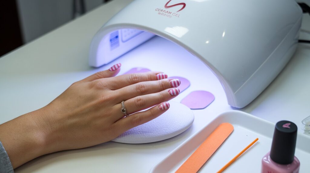 A photo of a woman's hand with her nails painted with a pink and white striped design. The nails have a curing gel finish, as indicated by the UV lamp in the background. The lamp has the logo of a nail salon. There are nail files, a orange stick, and a bottle of nail polish on a white tray next to the lamp.