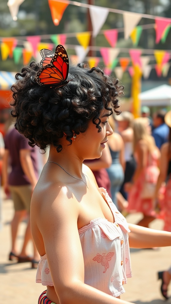 A woman with curly hair styled in a butterfly haircut, featuring a butterfly accessory on her head, in a lively outdoor setting.