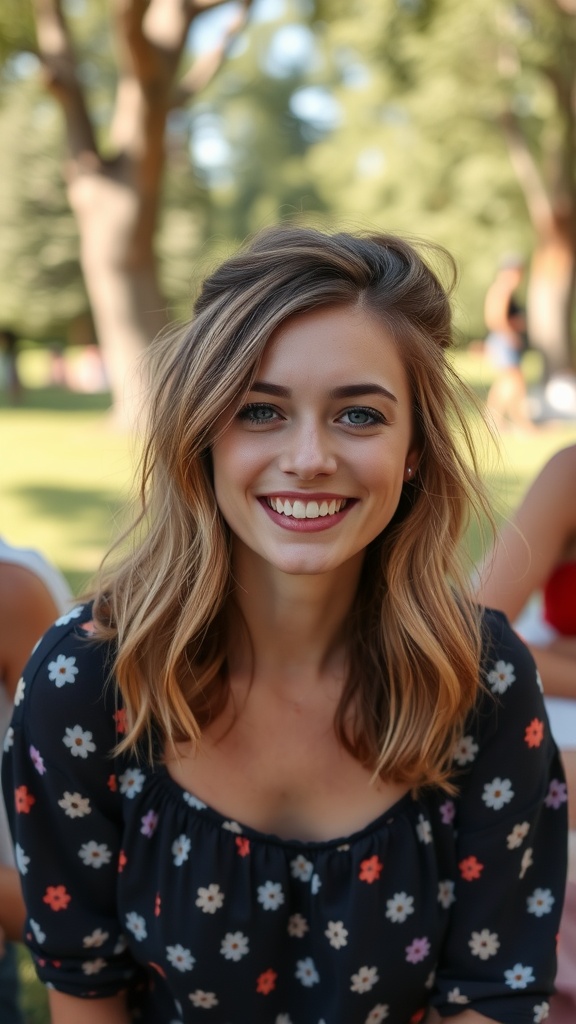 A young woman with layered hair styled in a half-up half-down look, smiling outdoors.