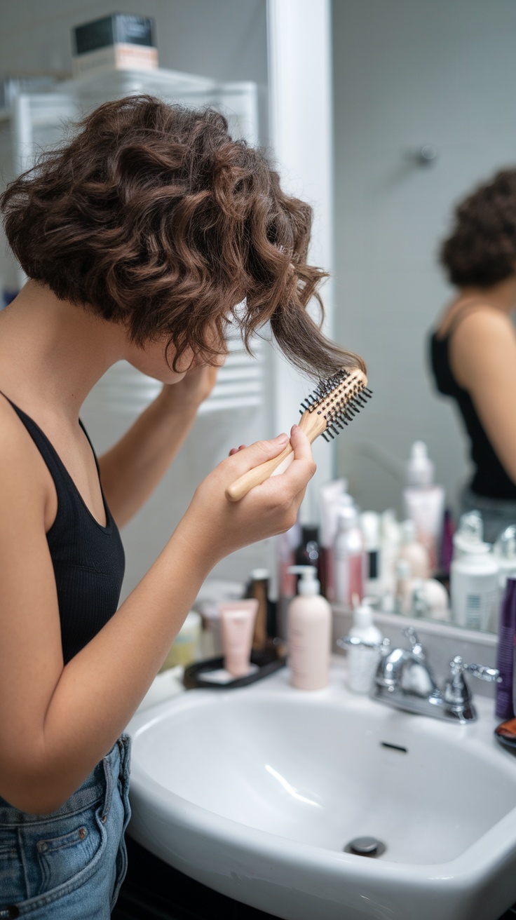 A person with short curly hair using a brush to style their hair in a bathroom setting.