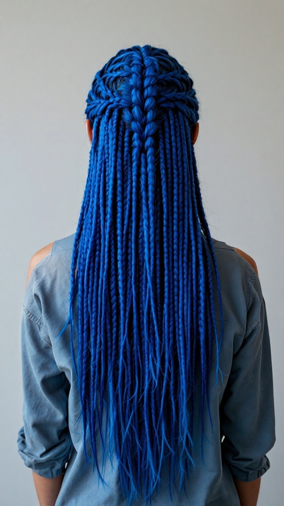 A woman with long deep blue braids styled elegantly, showing off the vibrant color and intricate braid design.