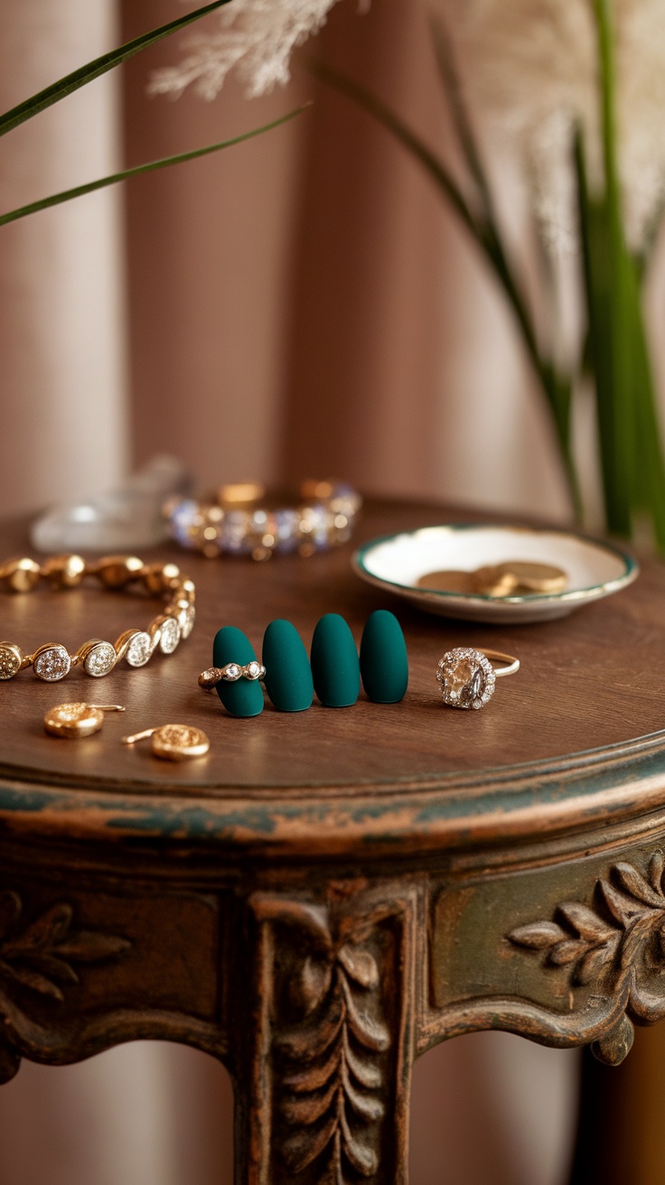 A close-up of deep emerald matte nails displayed with elegant jewelry on a vintage table