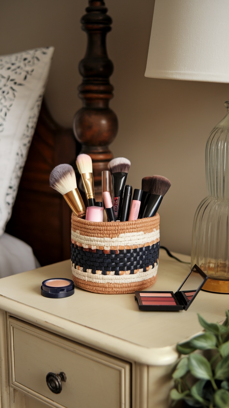 A stylish DIY makeup caddy made from a woven basket, filled with makeup brushes and other beauty products, placed on a bedside table.