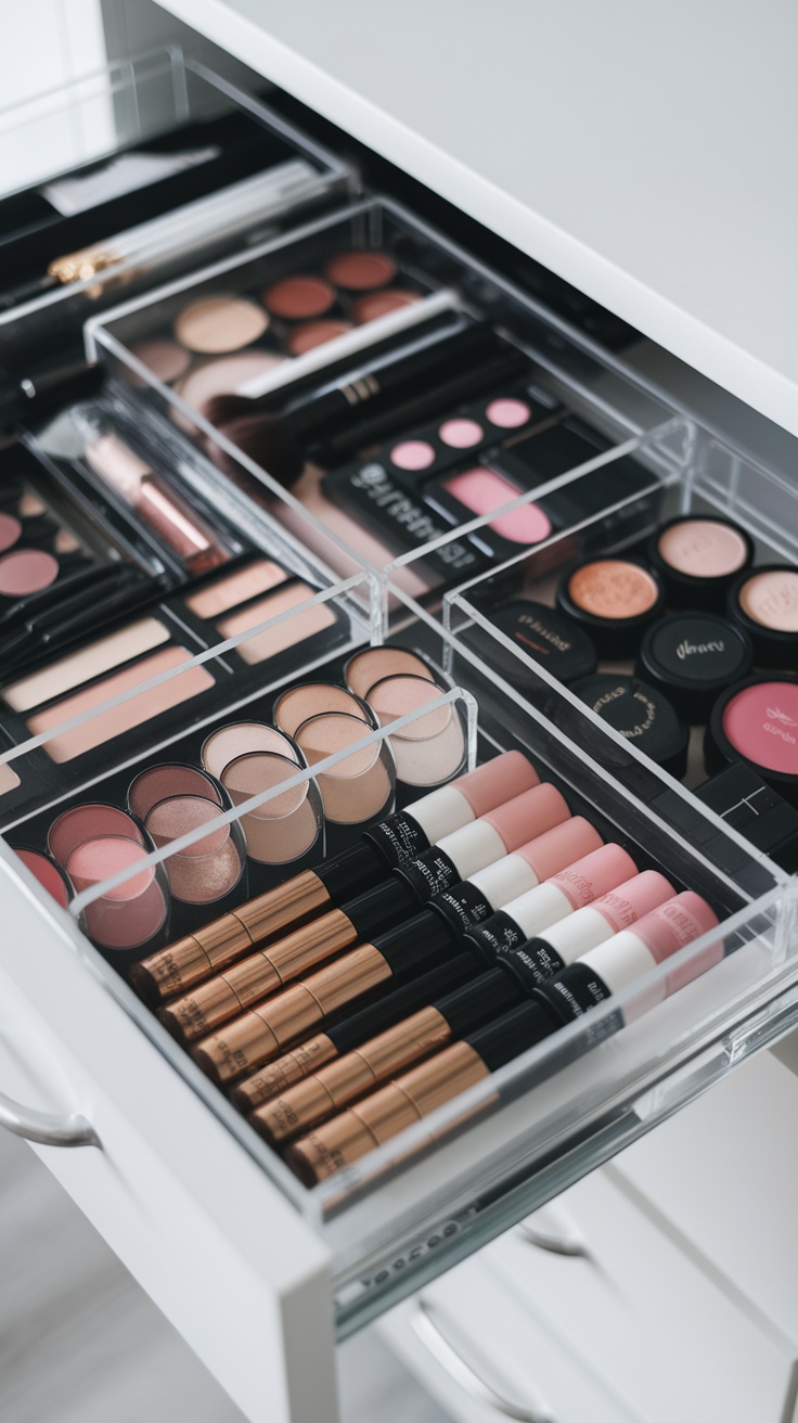 Organized makeup drawer with dividers separating different beauty products like lipsticks, blushes, and eyeshadows.