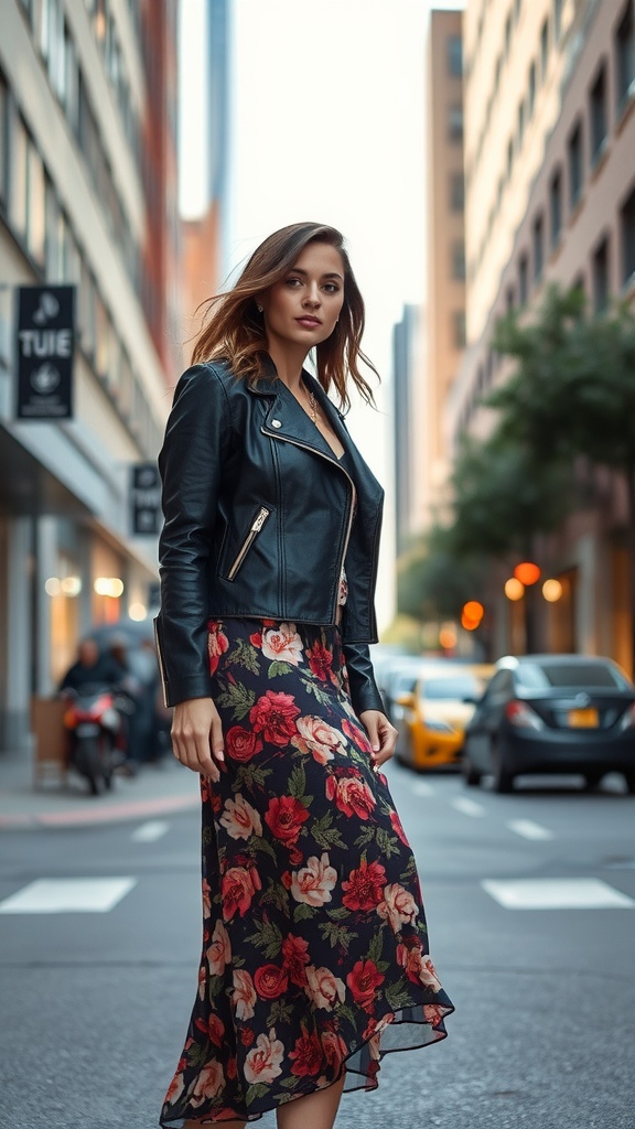 Model wearing a leather jacket with floral dress on a city street