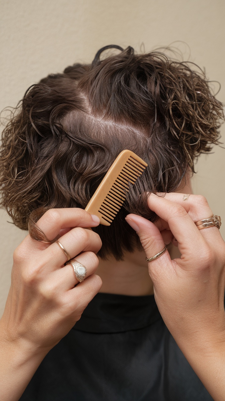 A person detangling short curly hair with a comb, demonstrating a careful and methodical approach.