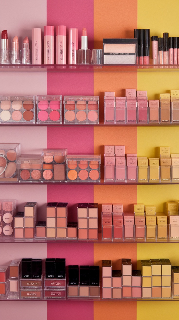 A colorful array of organized makeup products on shelves, showcasing various shades and styles.