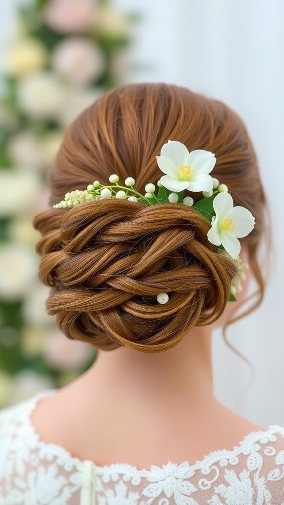 Elegant updo hairstyle featuring layers and floral accents