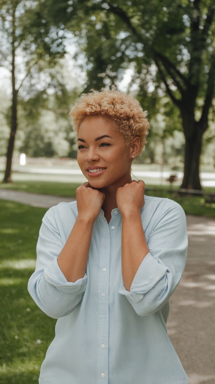 A woman with short curly hair smiling outdoors, wearing a light blue button-up shirt, surrounded by trees in a park.
