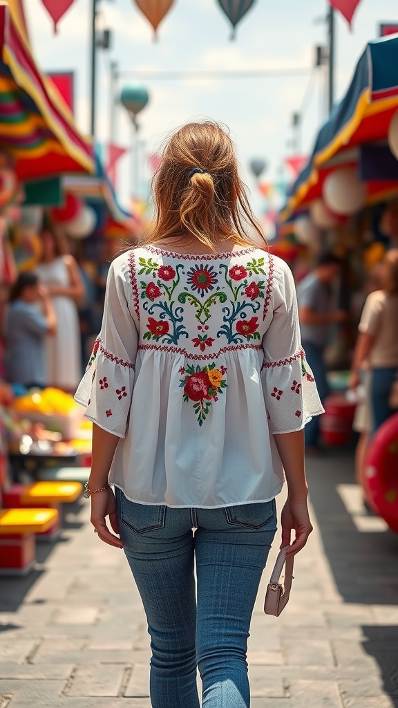 A woman wearing an embroidered peasant top and jeans, walking through a vibrant market.