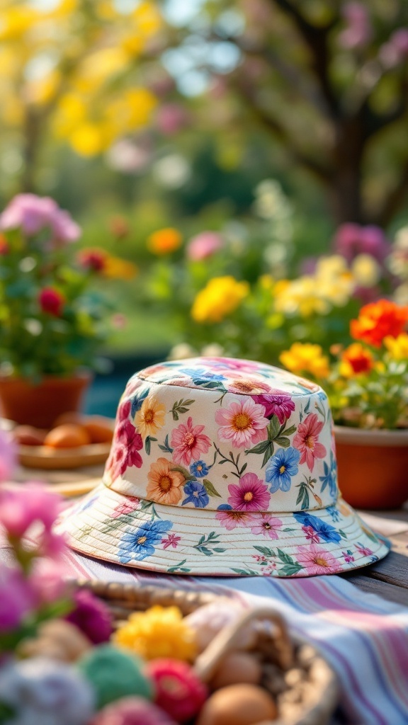 A floral bucket hat on a table surrounded by colorful flowers and pots.