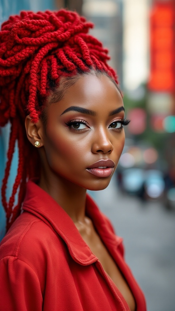 A woman with fiery red crochet locs, wearing a red blazer, posed in a city setting.