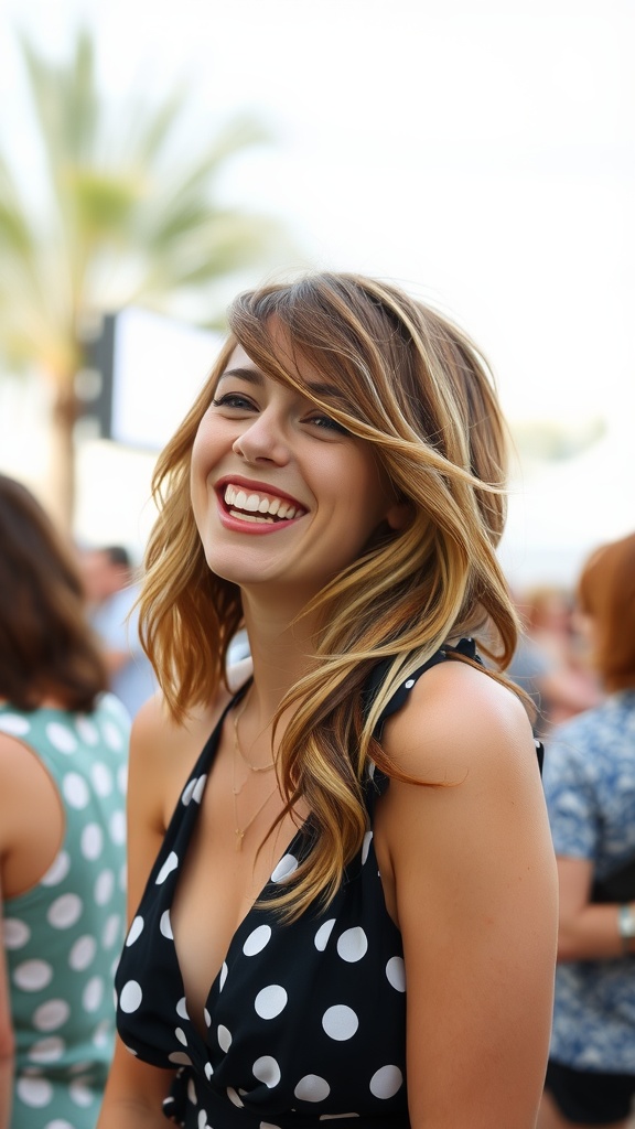 A woman with flirty layered hairstyle and side swept bangs, smiling in a polka dot dress.