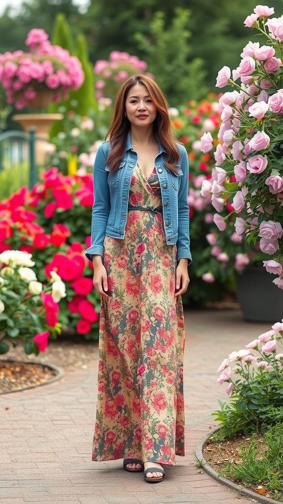 A woman wearing a floral maxi dress and denim jacket standing among colorful flowers in a garden.