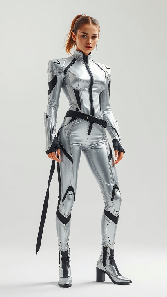 Futuristic fashion outfit featuring a metallic jacket and fitted pants.