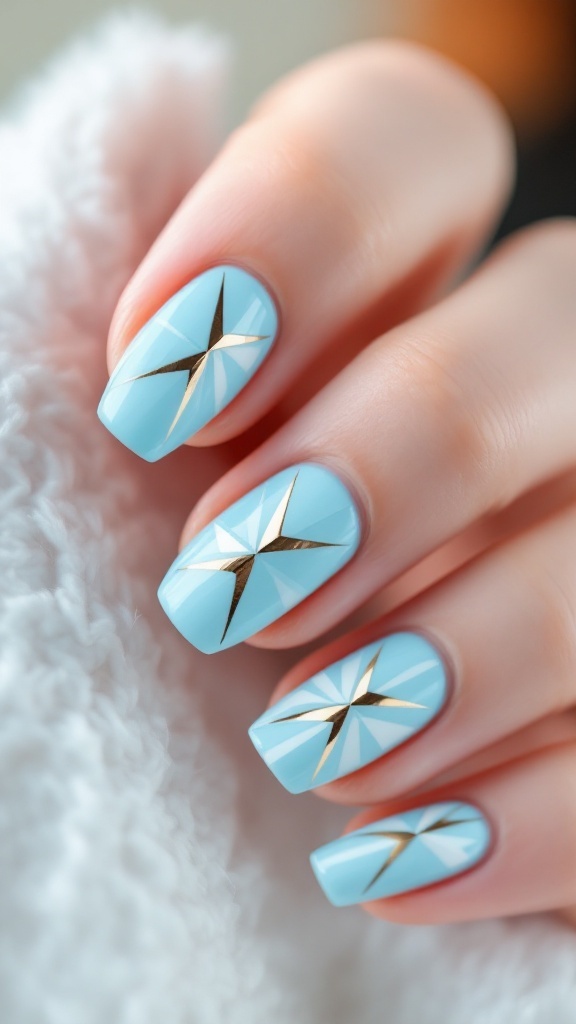 Beautiful powder blue nails with geometric designs and gold accents