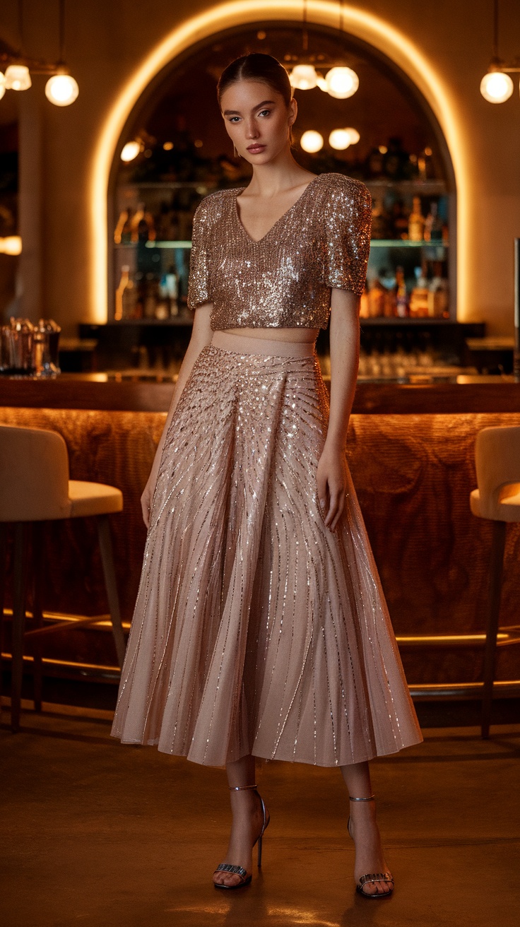 A model wearing a sparkling cropped top and a flowing skirt, styled for a glamorous night out.