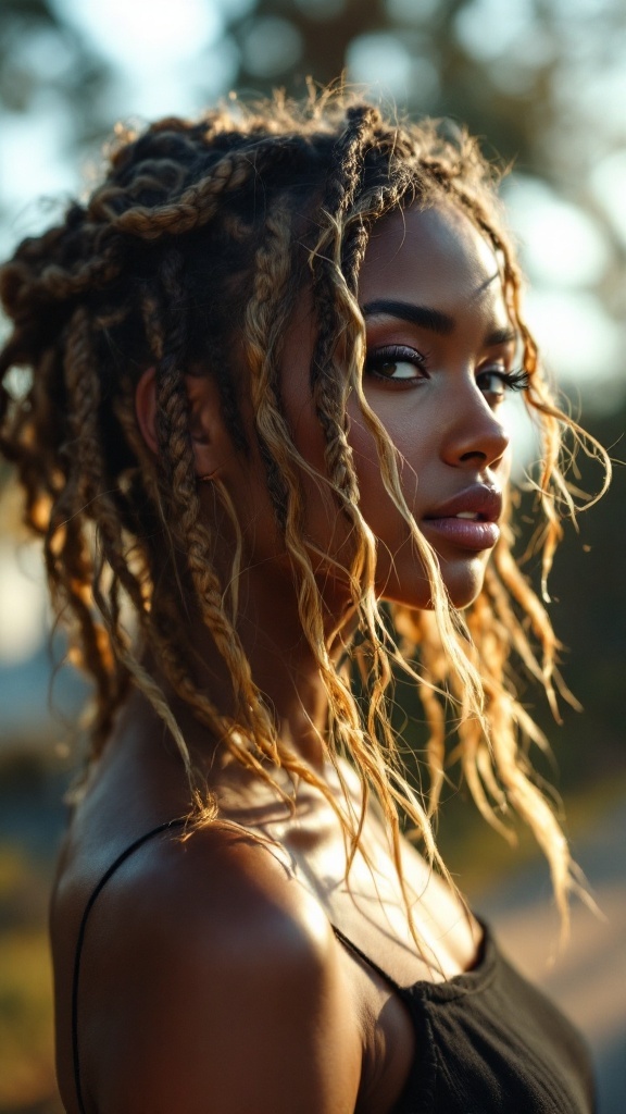 A woman with twists featuring golden blonde highlights, showcasing a stylish hair color combination.