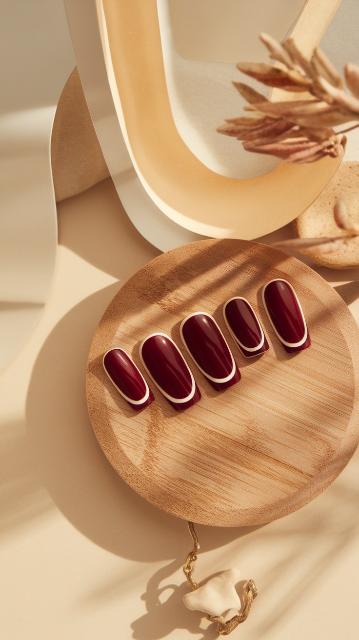 A wooden plate displaying a half-moon wine manicure with a rich wine color and a light-colored crescent at the base.