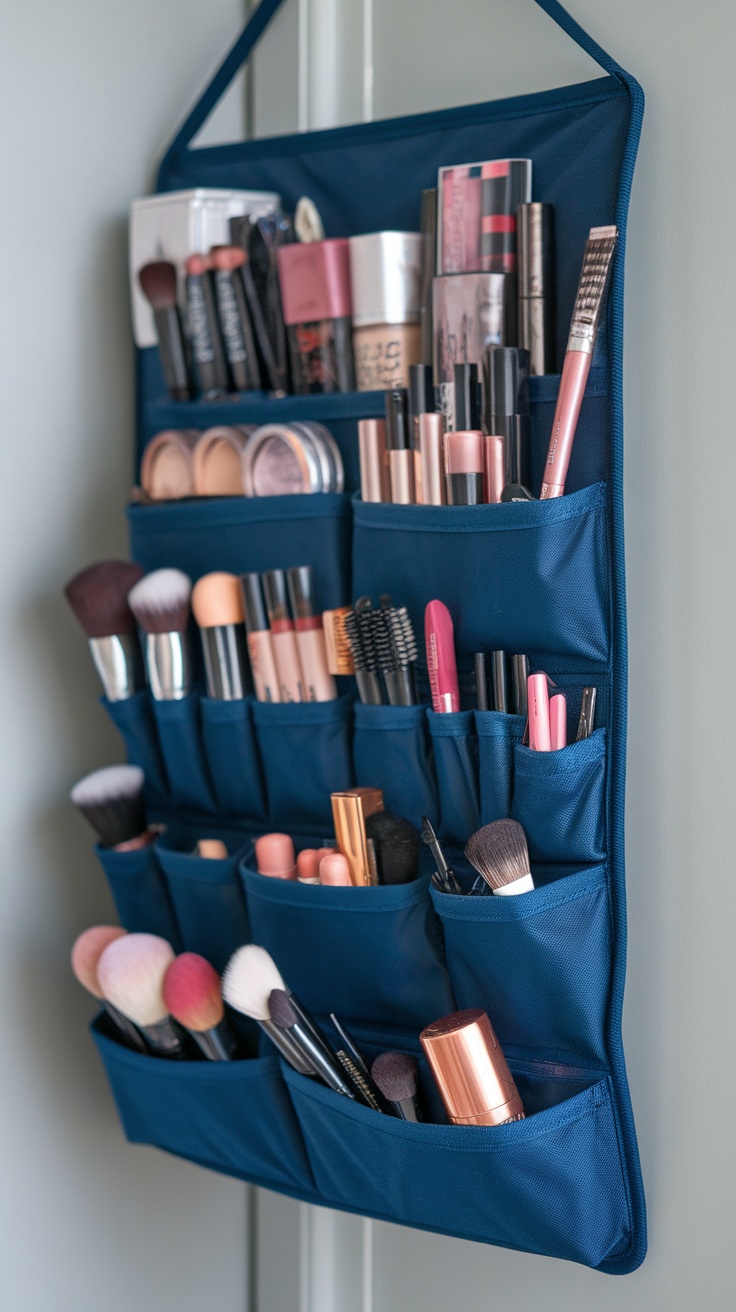 A hanging makeup organizer mounted on a wall, showcasing various makeup products including lipsticks, foundations, and brushes in pockets.