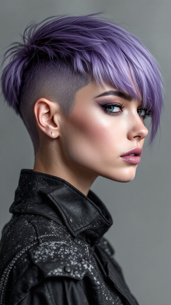 A model showcasing a lavender tapered cut hairstyle.