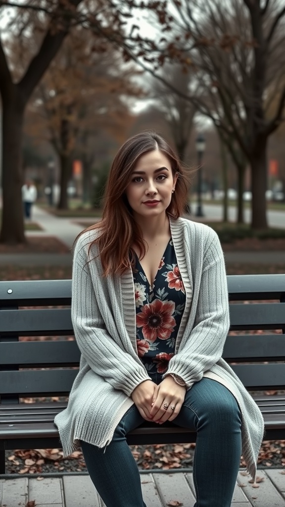 A woman sitting on a bench wearing a layered gray cardigan over a floral top, with a park background.