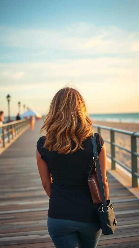 A woman walking away along a wooden boardwalk with layered lob hairstyle and waves