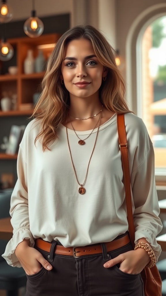 A woman wearing a layered necklace with a casual outfit, featuring a light top and dark pants, complemented by a stylish bag.