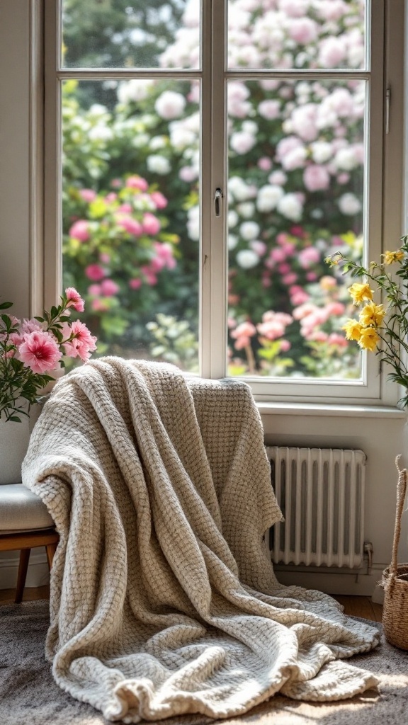 A cozy chair with a soft blanket draped over it, surrounded by blooming flowers outside a window.