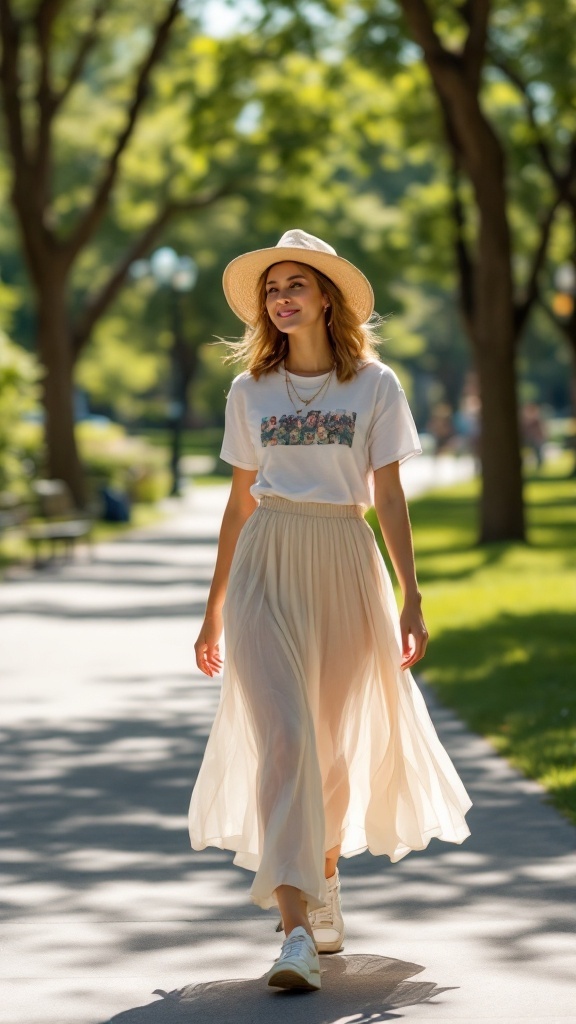 A woman wearing a white chiffon skirt and a graphic tee, walking in a park with trees in the background.