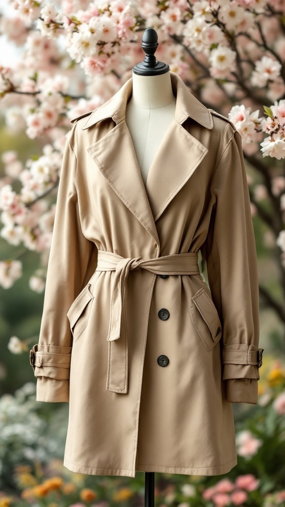 A beige lightweight trench coat displayed on a mannequin with pink flowers in the background.