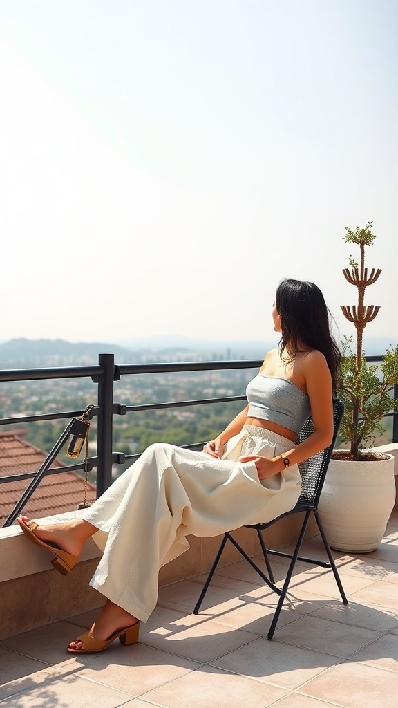 A woman sitting on a balcony, wearing linen pants and a cropped top, enjoying a view of the landscape.