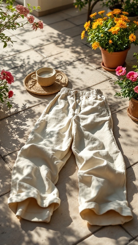 A pair of light-colored linen pants laid out on a sunny surface with flowers and a cup of tea nearby.