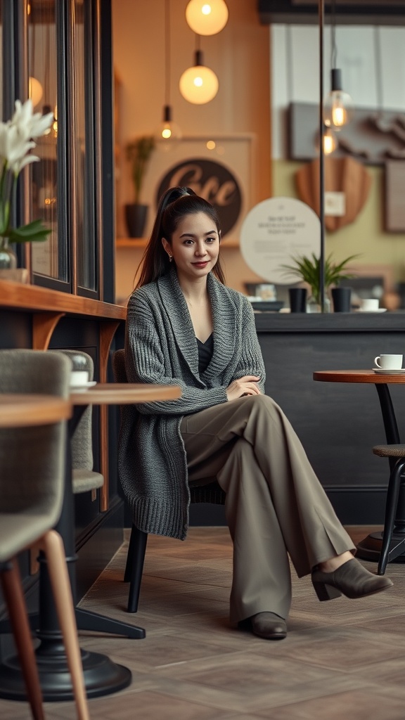 A woman sitting in a café wearing a long gray cardigan and wide-leg pants.