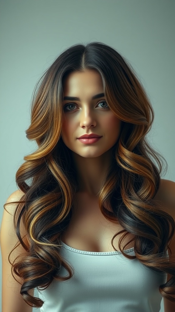 A woman with long, layered hair styled in soft curls, featuring highlights that add depth and dimension.