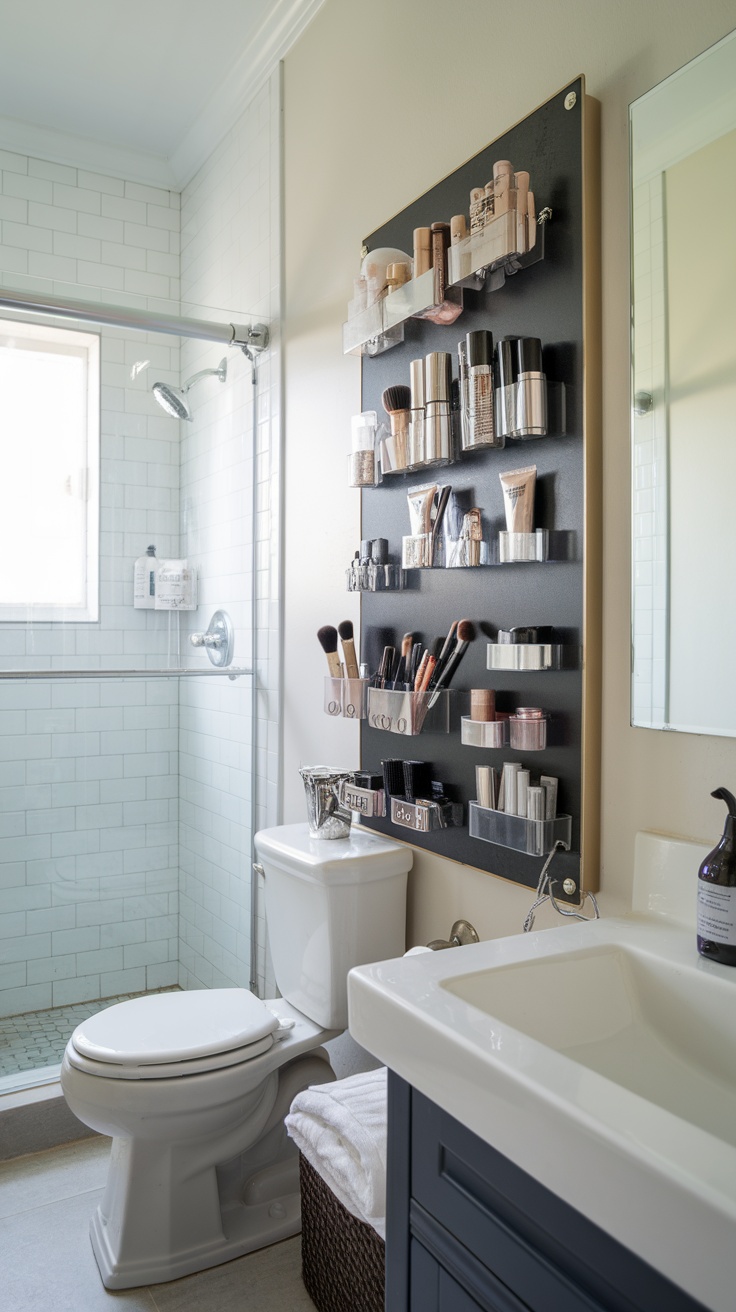 A magnetic makeup board organized with various makeup products and brushes.