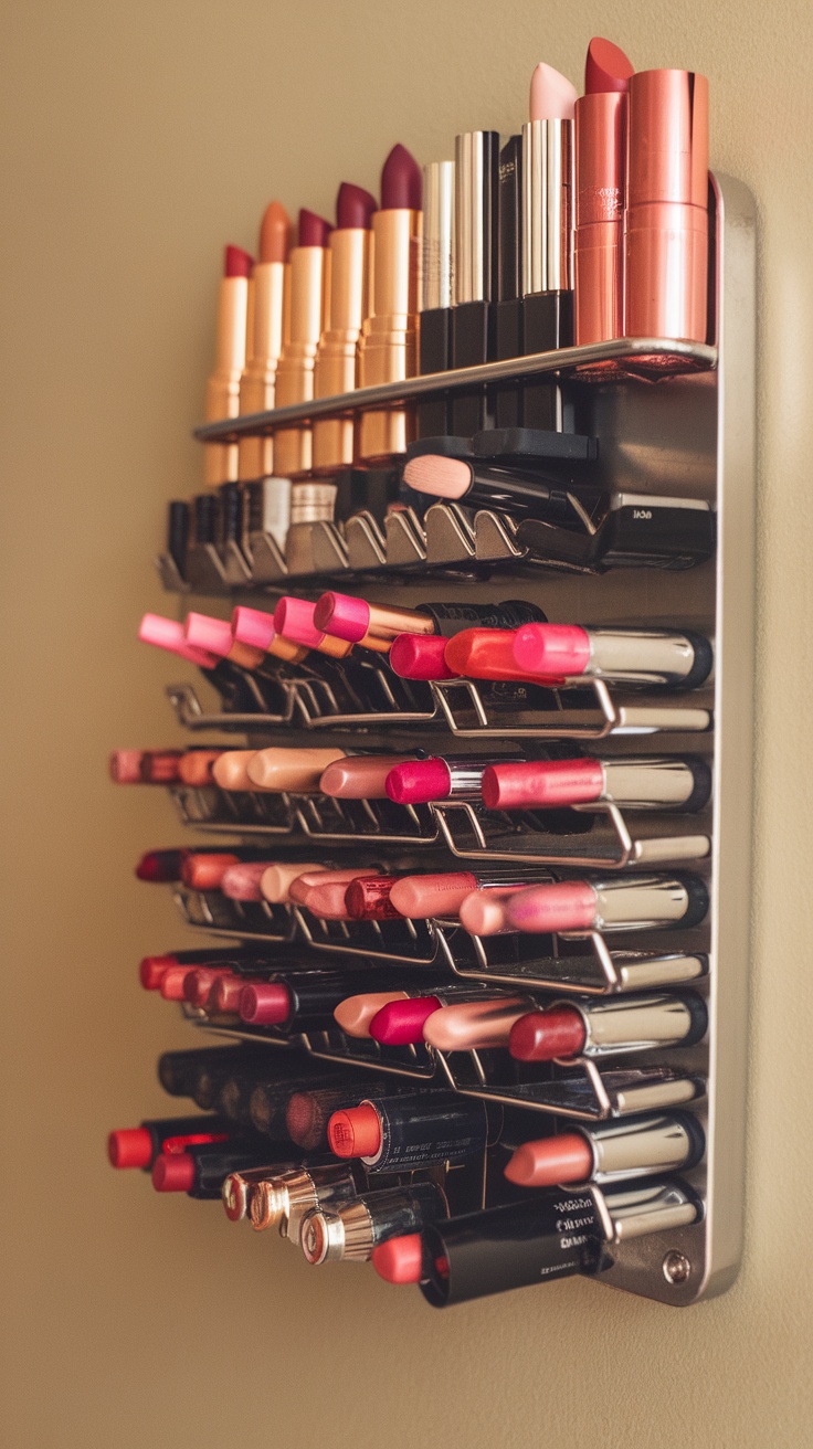 A magnetic spice rack filled with various lipsticks organized by color on a wall.