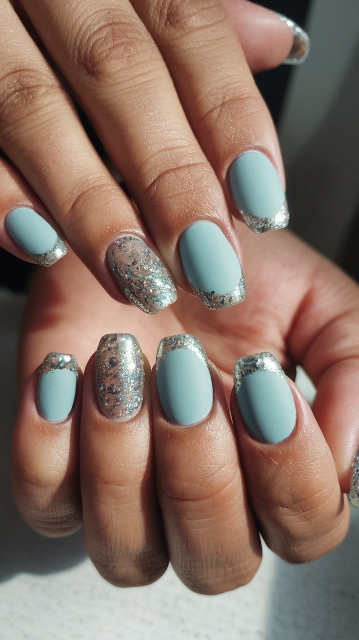 A hand with matte powder blue nails featuring glitter tips, resting on a knitted sweater.