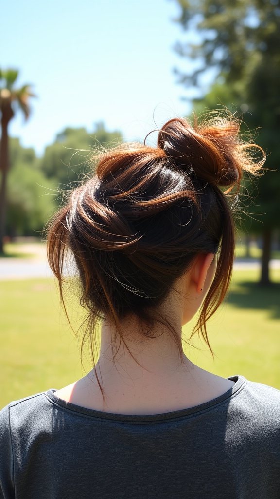 A back view of a woman with a messy bun and face-framing layers, set against a sunny outdoor background.