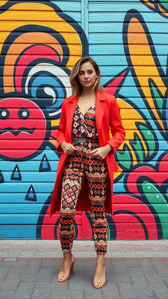 A woman in a colorful patterned jumpsuit and a bright red blazer stands in front of a vibrant mural.